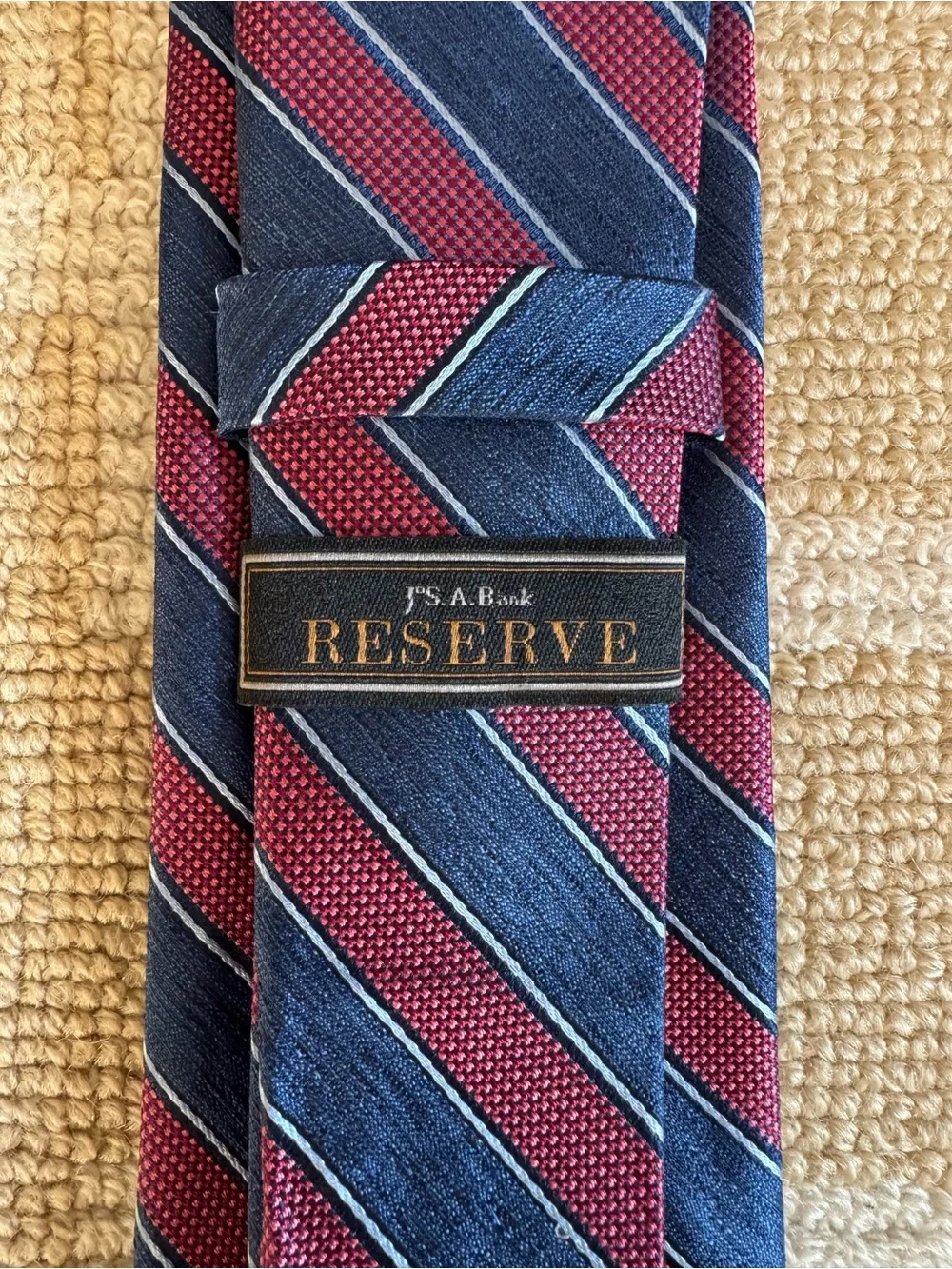 Joseph A. Bank Reserve 100% Silk Tie Preppy Stripe Necktie Navy Burgundy O/S